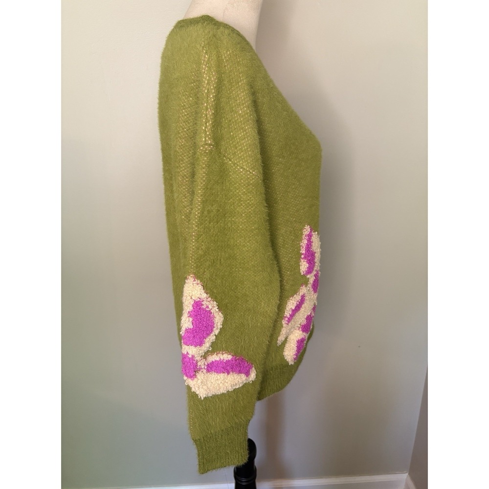 FRNCH Paris Ulyssia Floral Appliqué Sweater Green Pink SOFT COZY Boho Size Large - Picture 4 of 9
